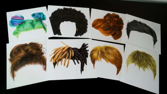 Estudos de cabelos coloridos desenhados com lápis de cor, do material do curso
