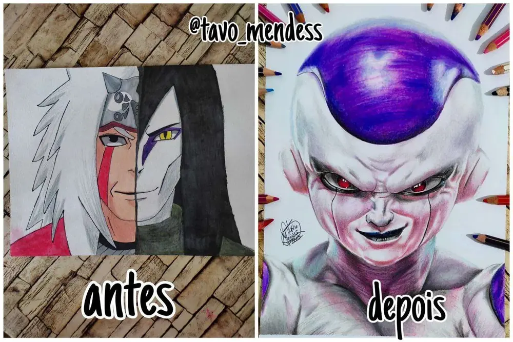Antes e depois de um aluno: desenho de dois personagens de anime e, depois, o vilão Freeza em lápis de cor