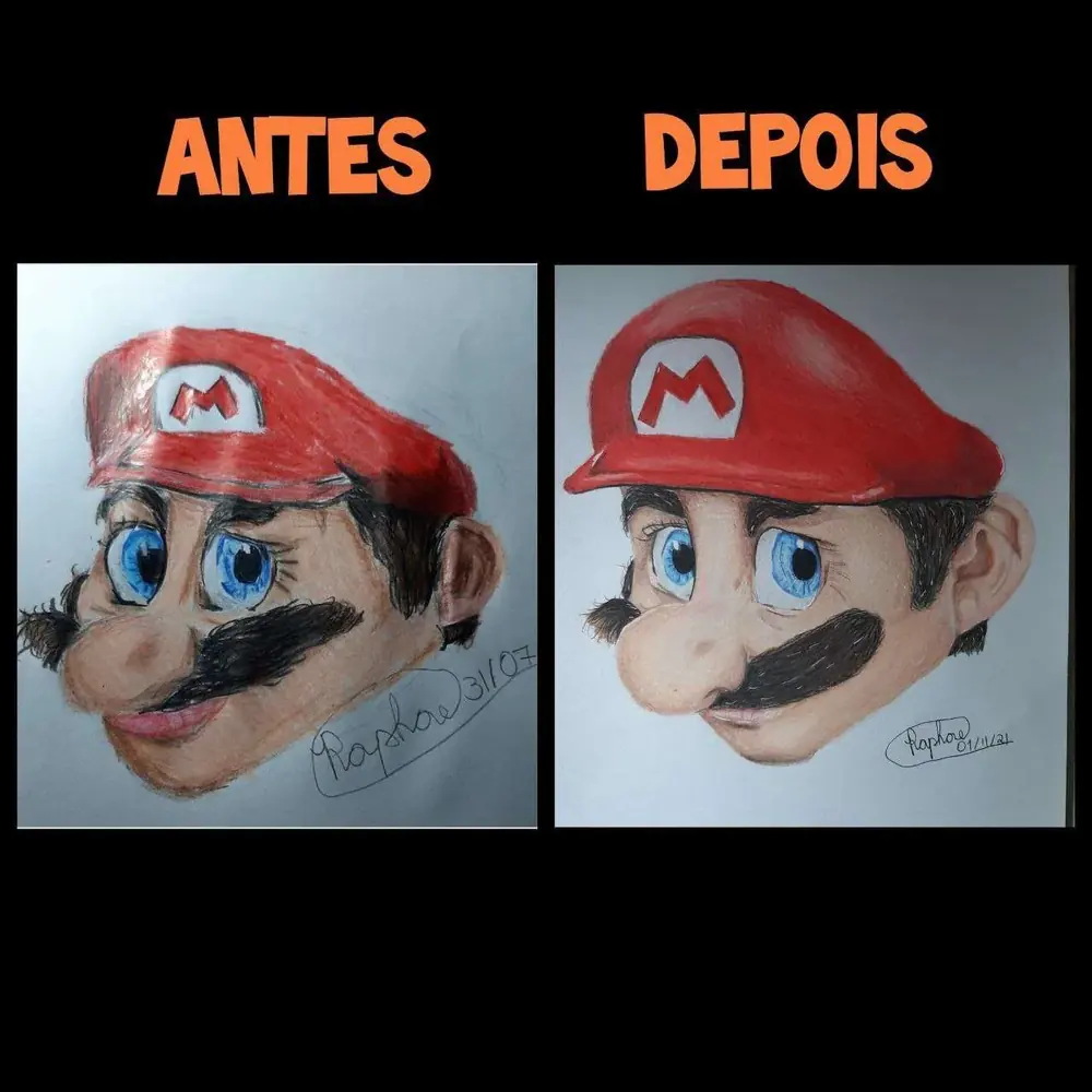 Antes e depois de um aluno: um Mario simples e, depois, um Mario com sombras e volume