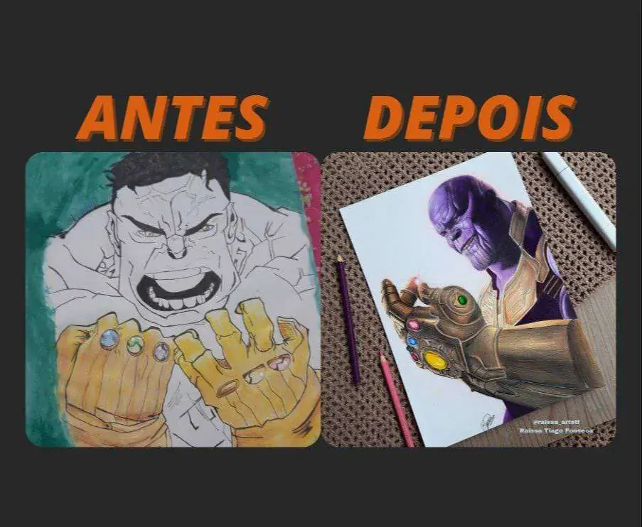Antes e depois de um aluno: o Hulk só em contorno e, depois, o Thanos com a manopla colorida