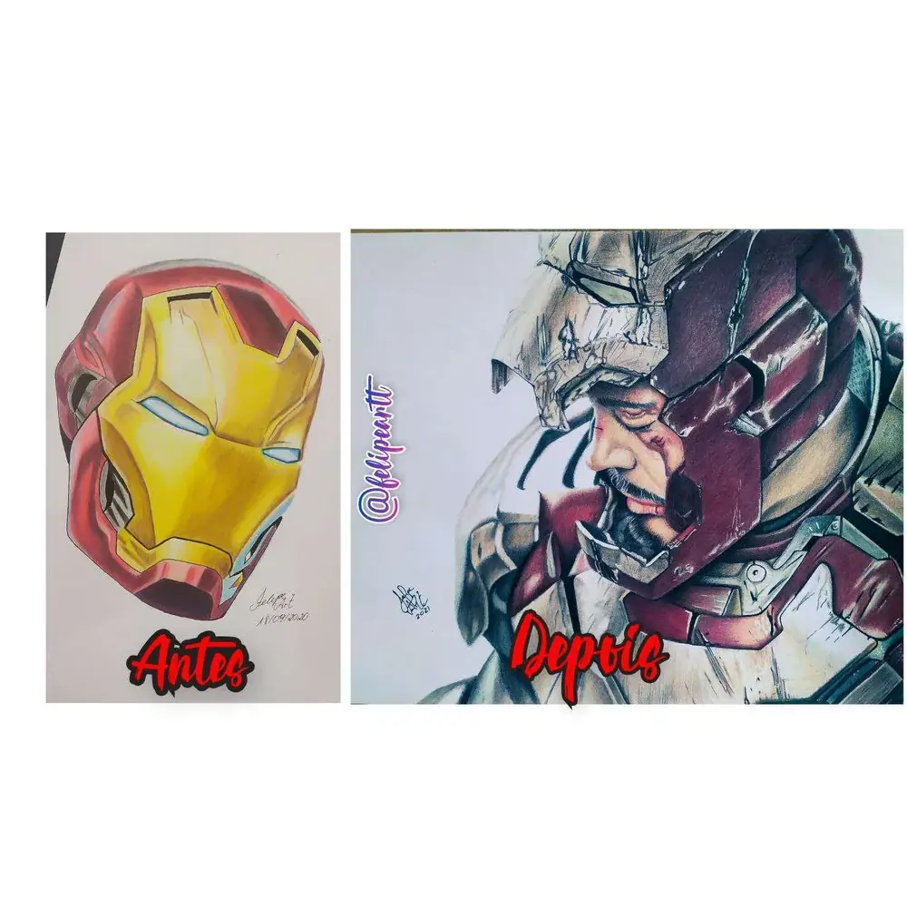 Antes e depois de um aluno: um capacete do Homem de Ferro simples e, depois, o Homem de Ferro danificado com detalhes de metal