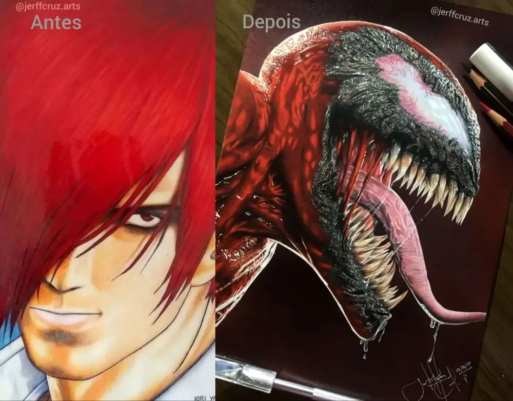 Antes e depois de um aluno: um personagem de cabelo vermelho e, depois, o monstro Carnage com dentes e saliva realistas