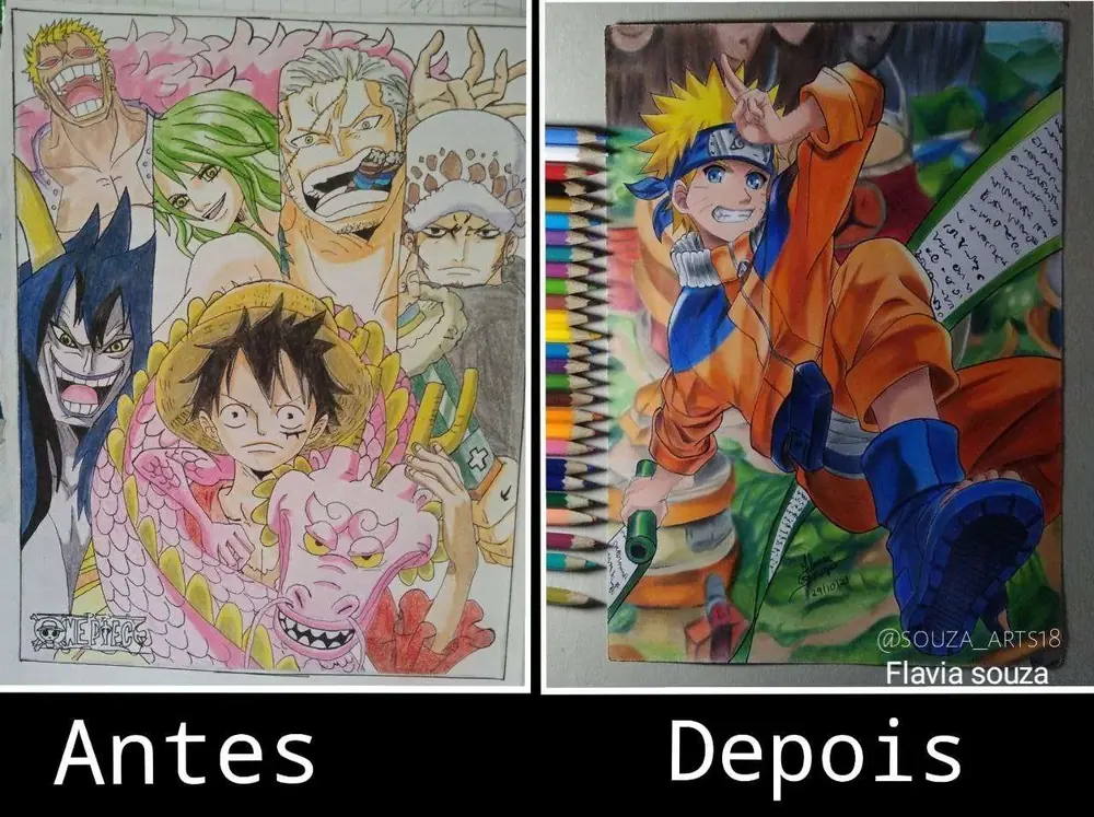 Antes e depois de um aluno: personagens de One Piece coloridos e, depois, o Naruto com cores e luz