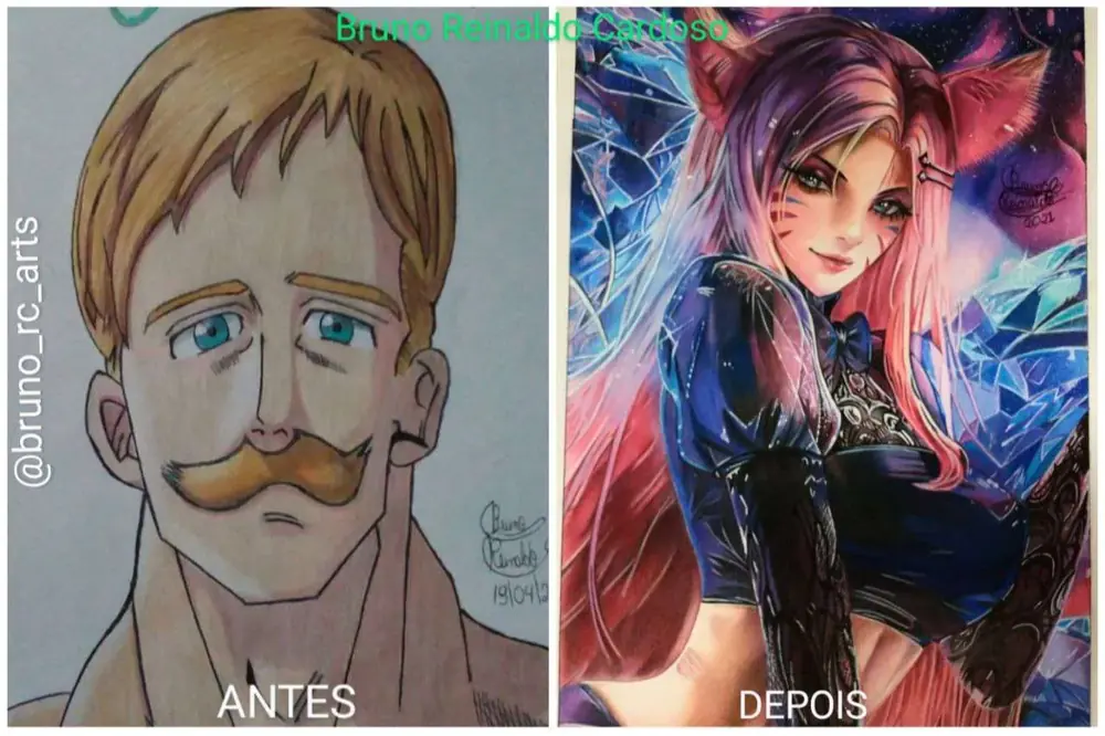 Antes e depois de um aluno: um personagem de cabelo loiro com bigode e, depois, uma personagem de jogo com cabelo roxo e luz azul