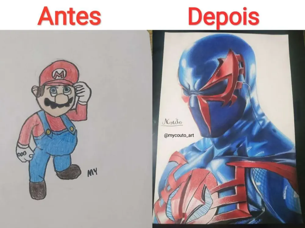 Antes e depois de um aluno: um Mario de corpo inteiro e, depois, o Homem-Aranha 2099 em azul e vermelho