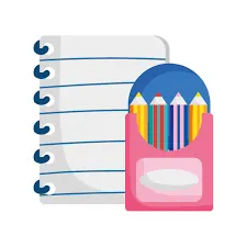 Caderno e caixa de lápis de cor