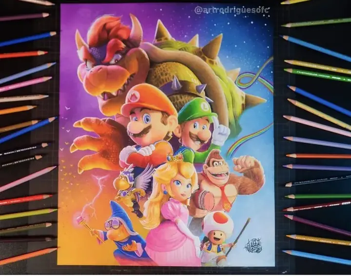 Desenho a lápis de cor de Bowser, Mario, Luigi, Peach, Donkey Kong e Toad, em cores vivas